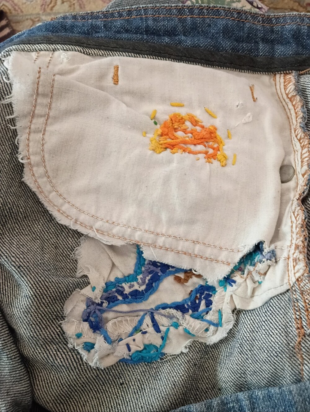 Hand Embroidered Hippie Low Rise Jeans 16 18 Unique Artsy Festival Funky - Picture 15 of 15